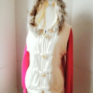 SONOMA FUR HOODED CREAM BUTTON VEST.